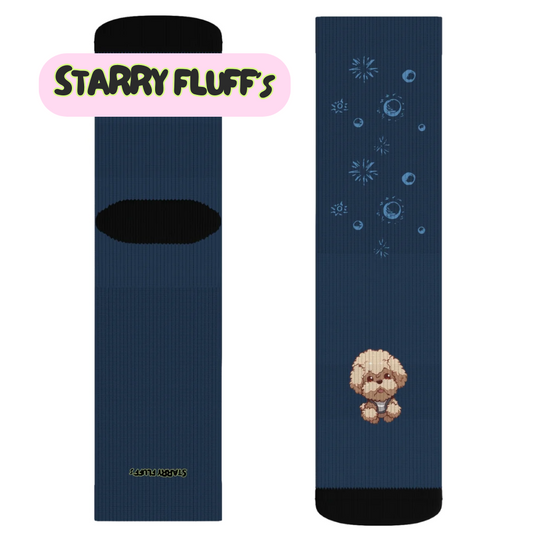 Pookie Poodle Space Adventure Novelty Socks by Starry Fluff: dark navy blue, black small cartoon dog character with celestial