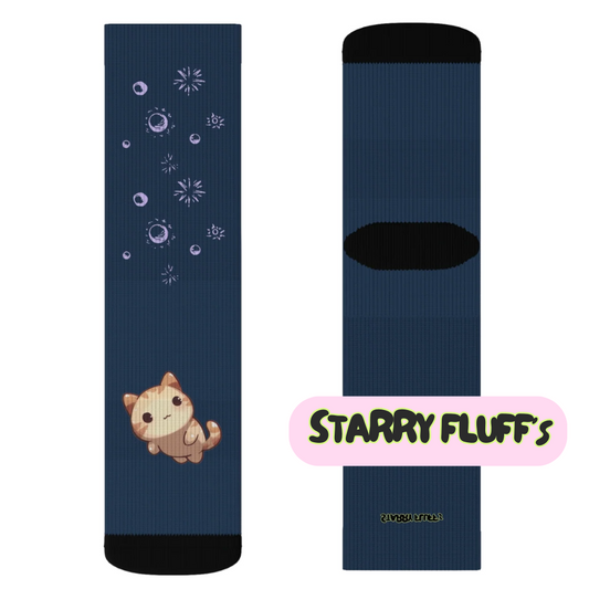 Cosmic Kitten in the Stars Playful Novelty Socks by Starry Fluff: dark navy blue, black cat with star and planet motifs, kawa