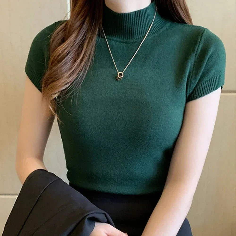 Slim Fitting Short Sleeve Turtle Neck Knitted Top for Women