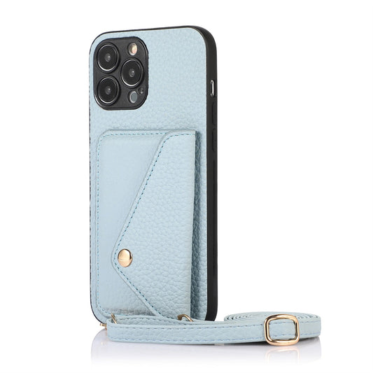 Streamlined Phone Cover with Attached Side Pocket and Carry Strap: light blue, black smartphone case with attached card holde