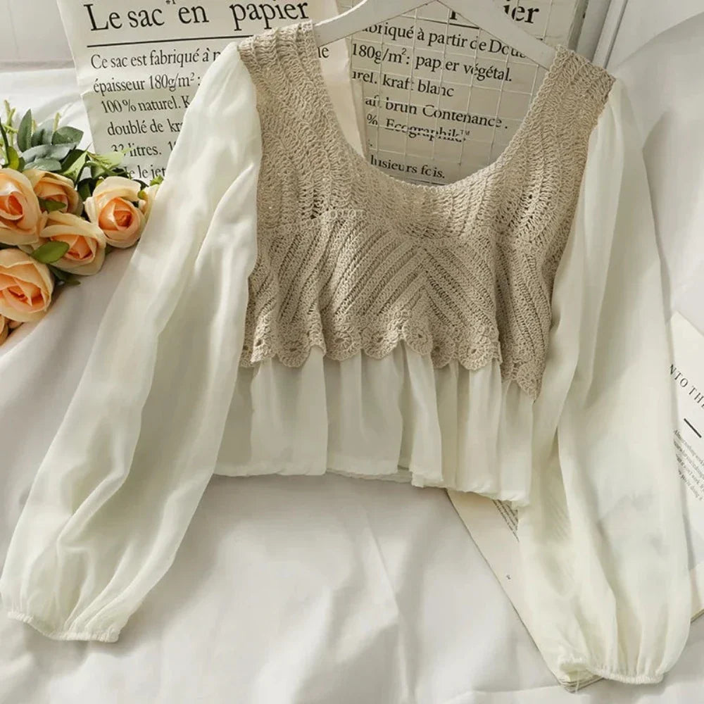 Crocheted Women's Top with Layered Floral Chiffon