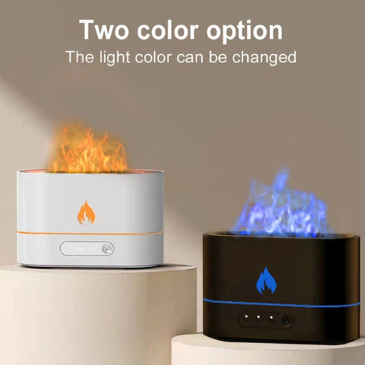 Essential Oil Diffuser with Fiery Effect and Timer: white, black flame-effect device, minimal modern style