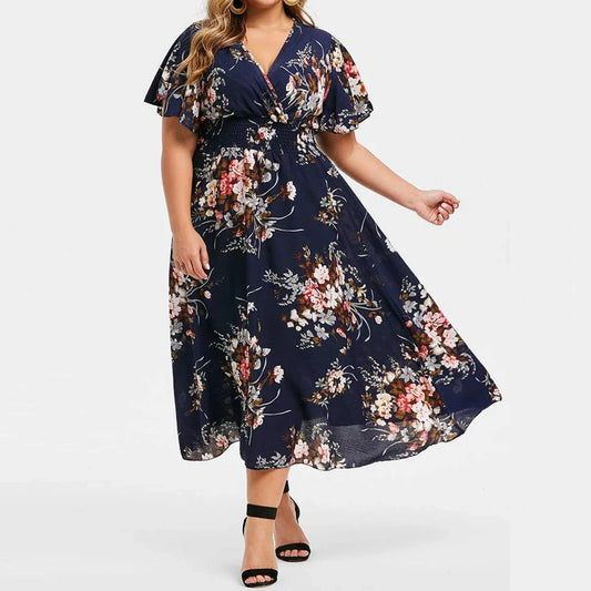 Floral Plus Size Women's Dress: navy blue, white floral pattern, floral feminine style