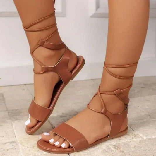 Summer Flat Sandals with Crisscross Straps for Women: brown, tan flat lace-up sandals, minimal gladiator-inspired style