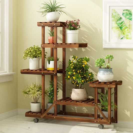 Rolling Multi-Tier Flower and Plant Display Stand: brown, green wooden multi-tier plant stand/cart, minimal indoor garden dis