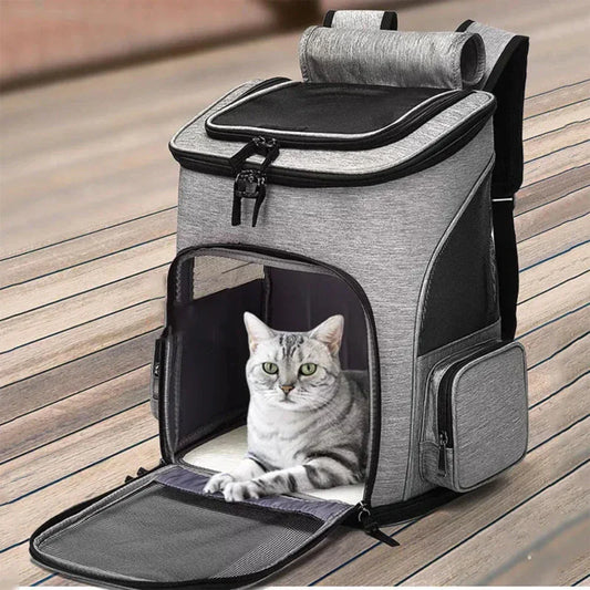 Pet Carrier Backpack with Foldable Design for Comfortable Travel with Your Furry Friend: heather gray, black cat, minimal sty