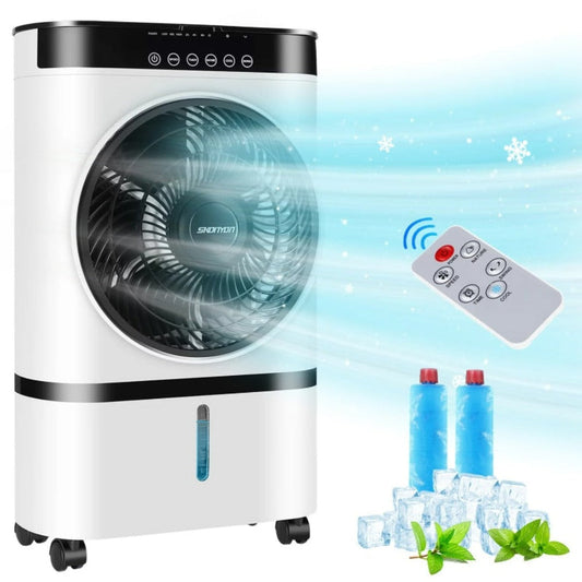 Remote-Controlled Portable Air Cooling Device with Evaporative Technology: white, black portable cooling fan/appliance, moder