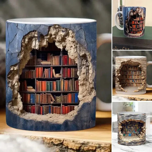 Coffee Mug with a 3D Bookshelf Design: blue, beige bookshelf/library theme, fantasy trompe-l'oeil style