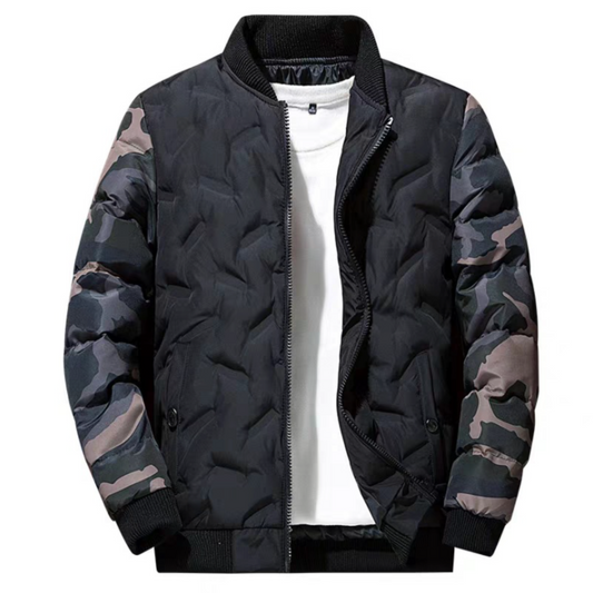 Camouflage Bomber Jacket for Men: black, dark gray zip-front jacket, casual streetwear style