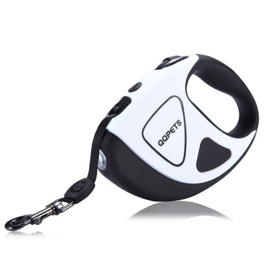 Retractable Canine Leash with Brilliant LED Torch: white, black retractable pet leash, modern minimal style