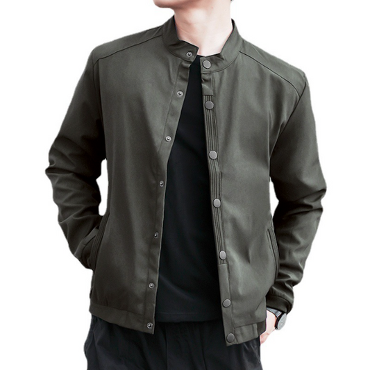 Snap Button Men's Stand Collar Jacket, Retain the essence of the product while providing a distinct variation.: dark olive gr