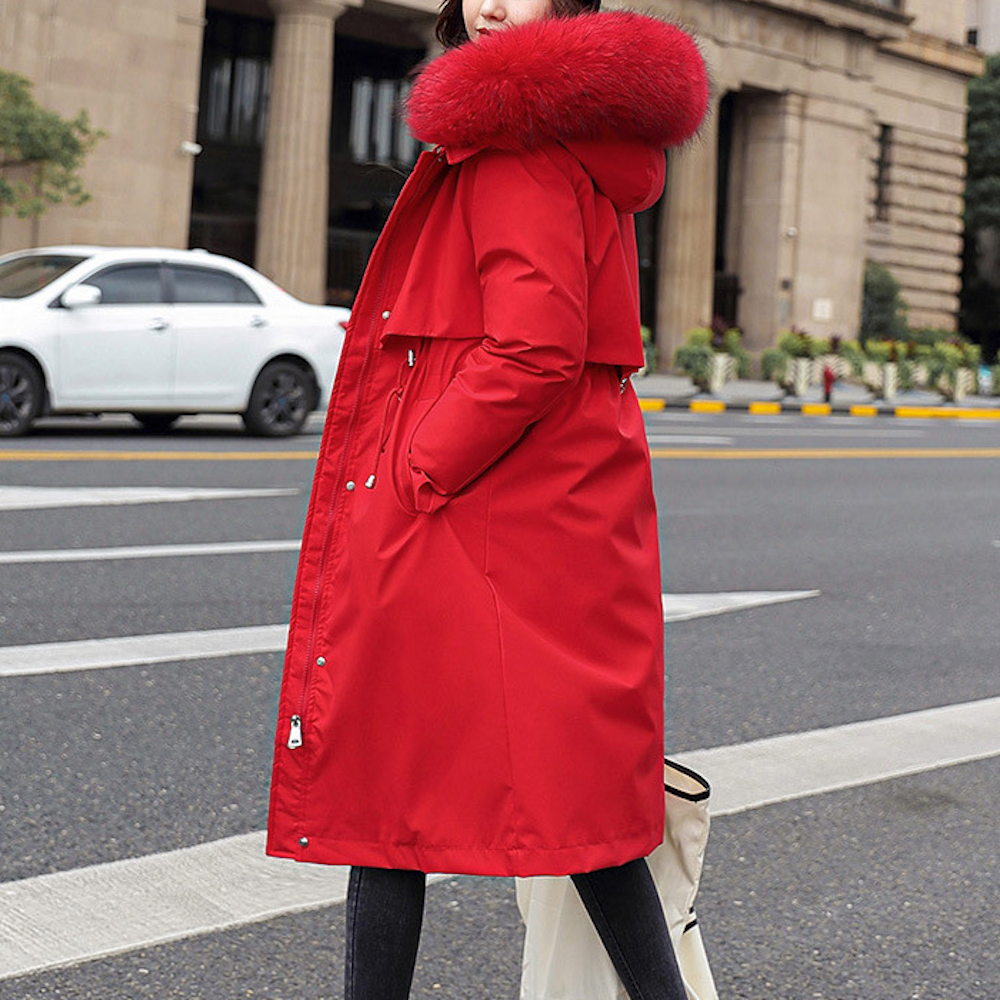Detachable Faux Fur Lined Women's Long Coat with Hood
