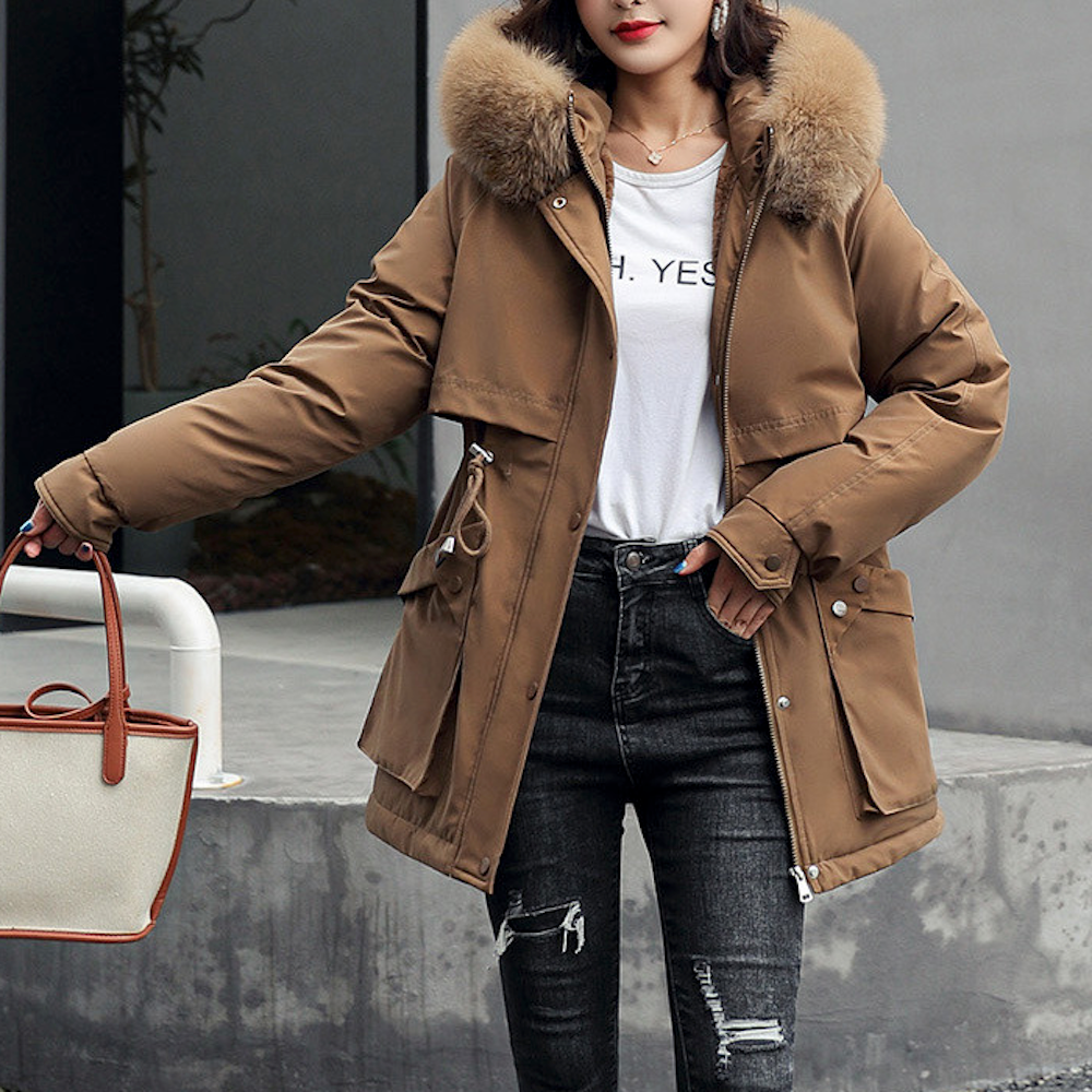 Faux Fur Hooded Women's Jacket with Adjustable Waist Tie