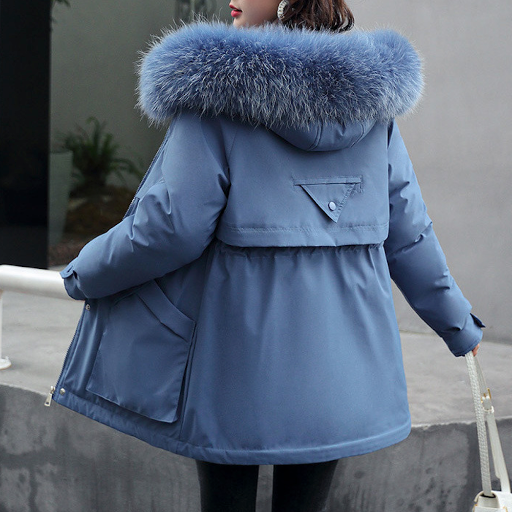 Faux Fur Hooded Women's Jacket with Adjustable Waist Tie