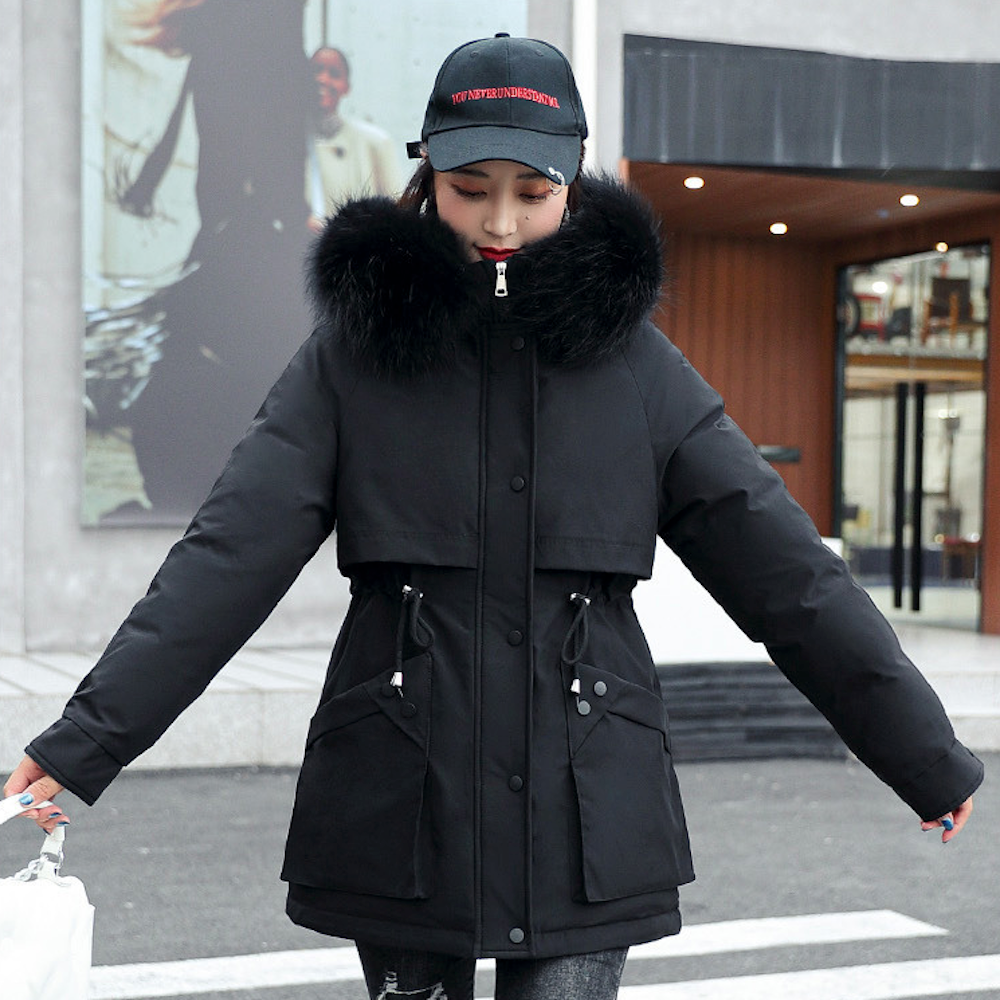 Faux Fur Hooded Women's Jacket with Adjustable Waist Tie