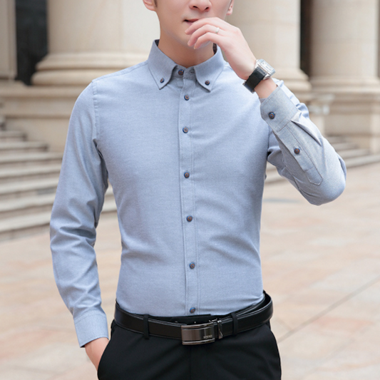 Long Sleeve Oxford Shirt for Men, Updated Title: light blue, dark gray buttons long-sleeve button-up shirt, minimal style