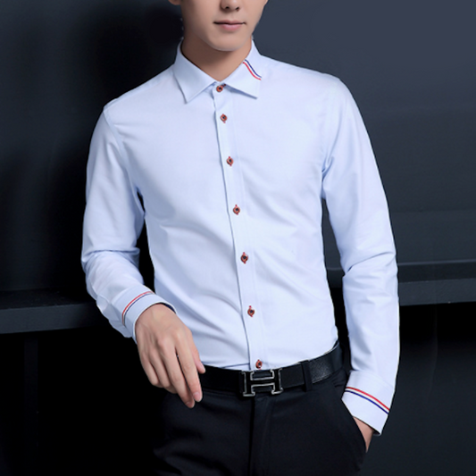Ribbon Detailed Men's Button-Up Shirt: white, red long-sleeve button-up shirt, minimal formal style
