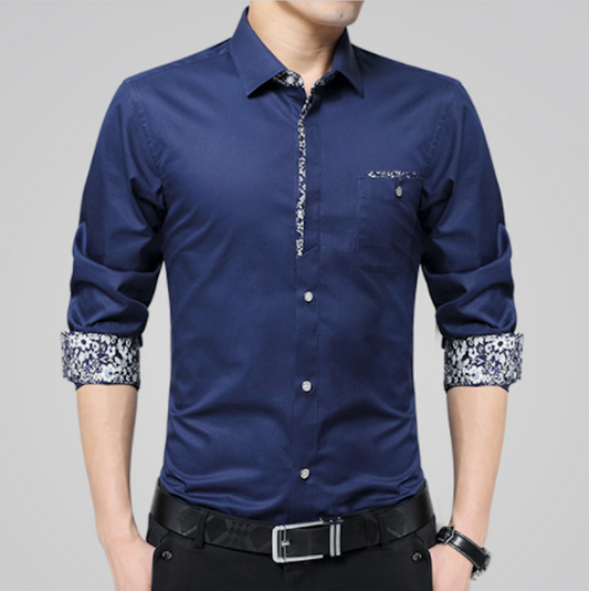 Long Sleeve Floral Button-Up Shirt for Men: navy blue, white button-up shirt, modern casual style