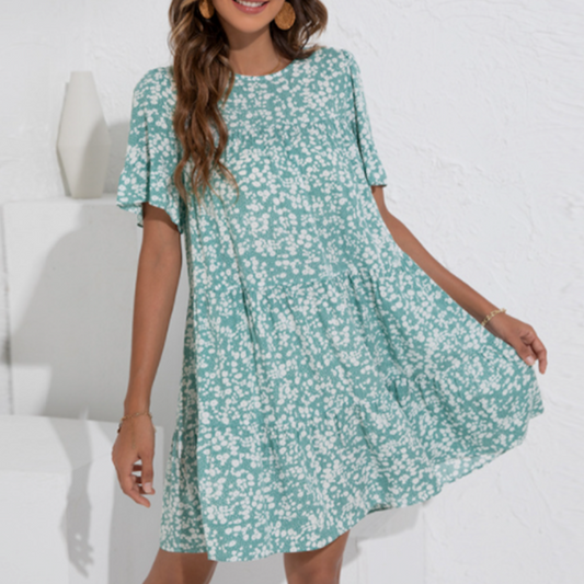 Floral Dress with Frilled Sleeves for Women: teal green, white dress, casual floral style