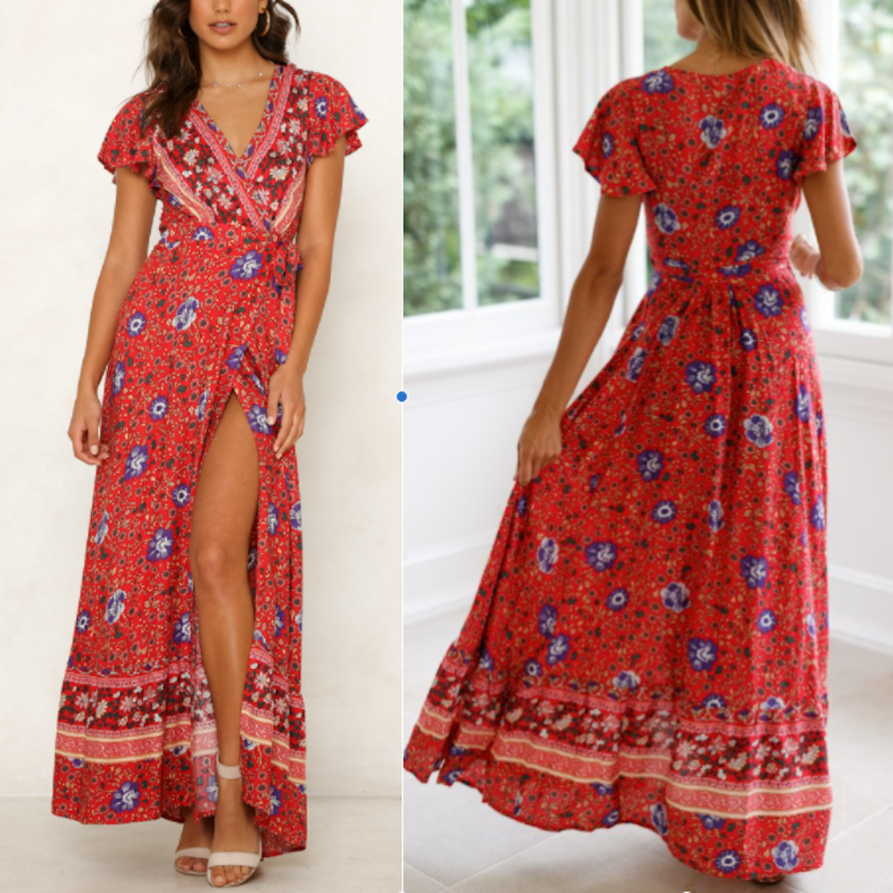 Floral Maxi Dress with V Neck and Wrap Design for Women