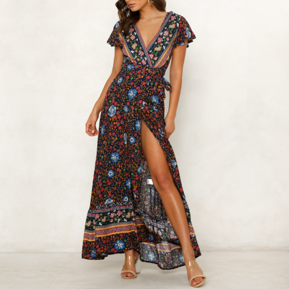 Floral Maxi Dress with V Neck and Wrap Design for Women