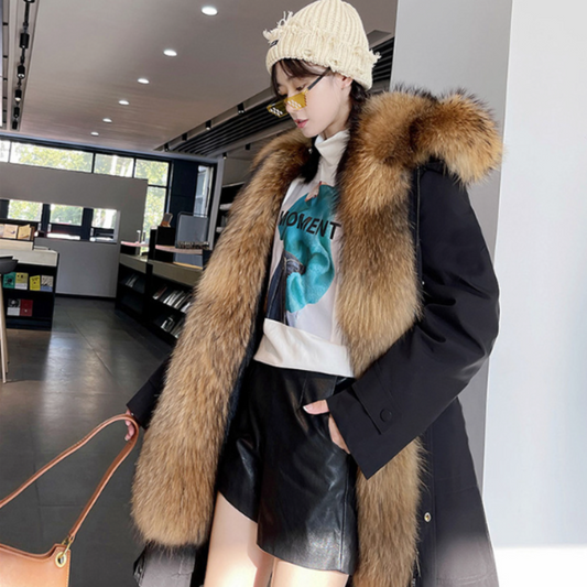 Mid Length Women's Coat with Detachable Faux Fur Inner Lining