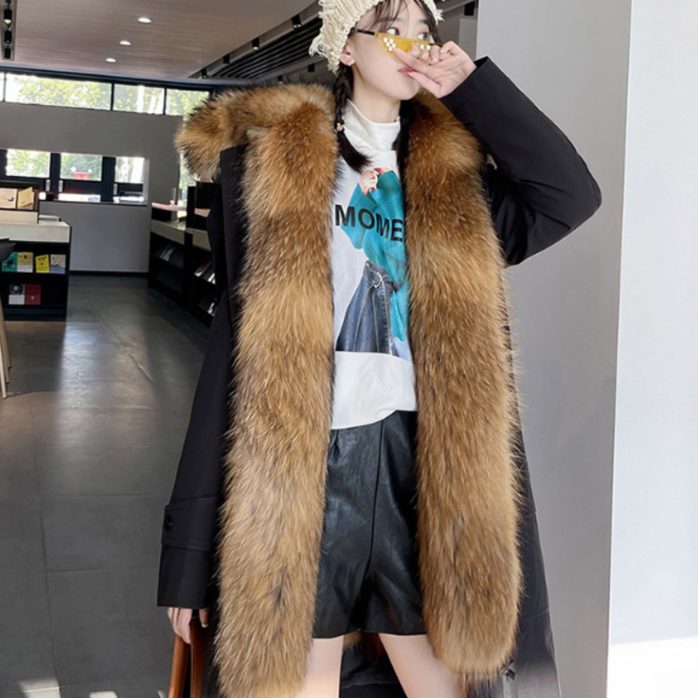Mid Length Women's Coat with Detachable Faux Fur Inner Lining