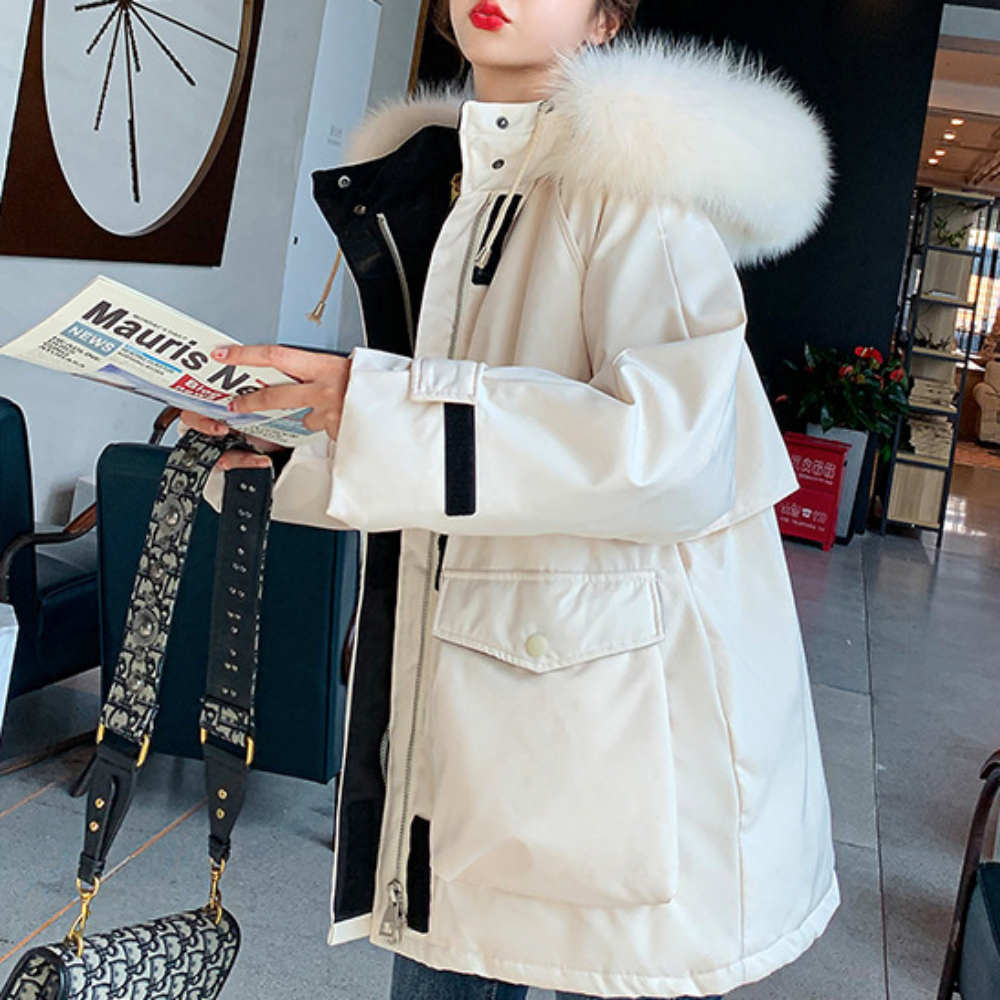 Mid-Length Women's Coat with Zipper and Faux Fur Hood
