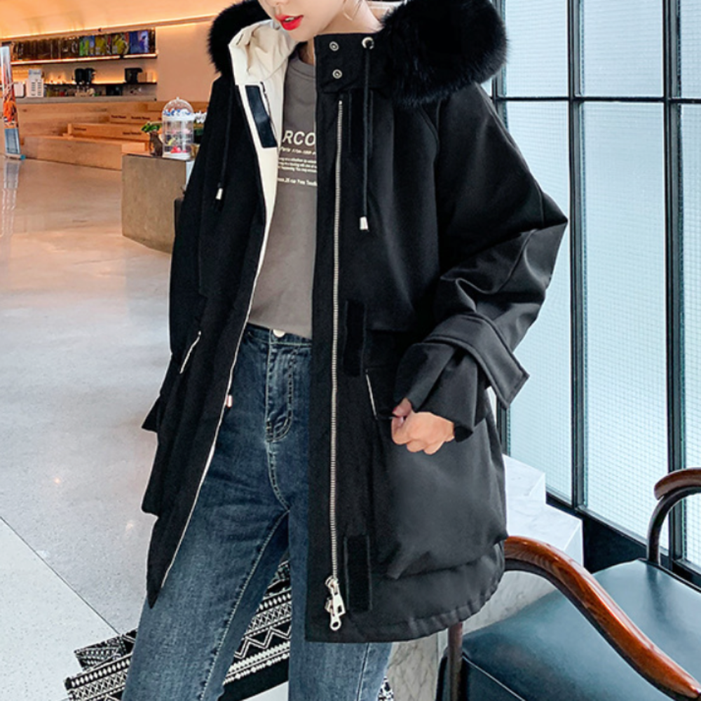 Mid-Length Women's Coat with Zipper and Faux Fur Hood