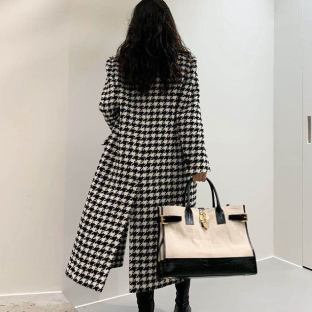 Long Coat for Women with Houndstooth Design
