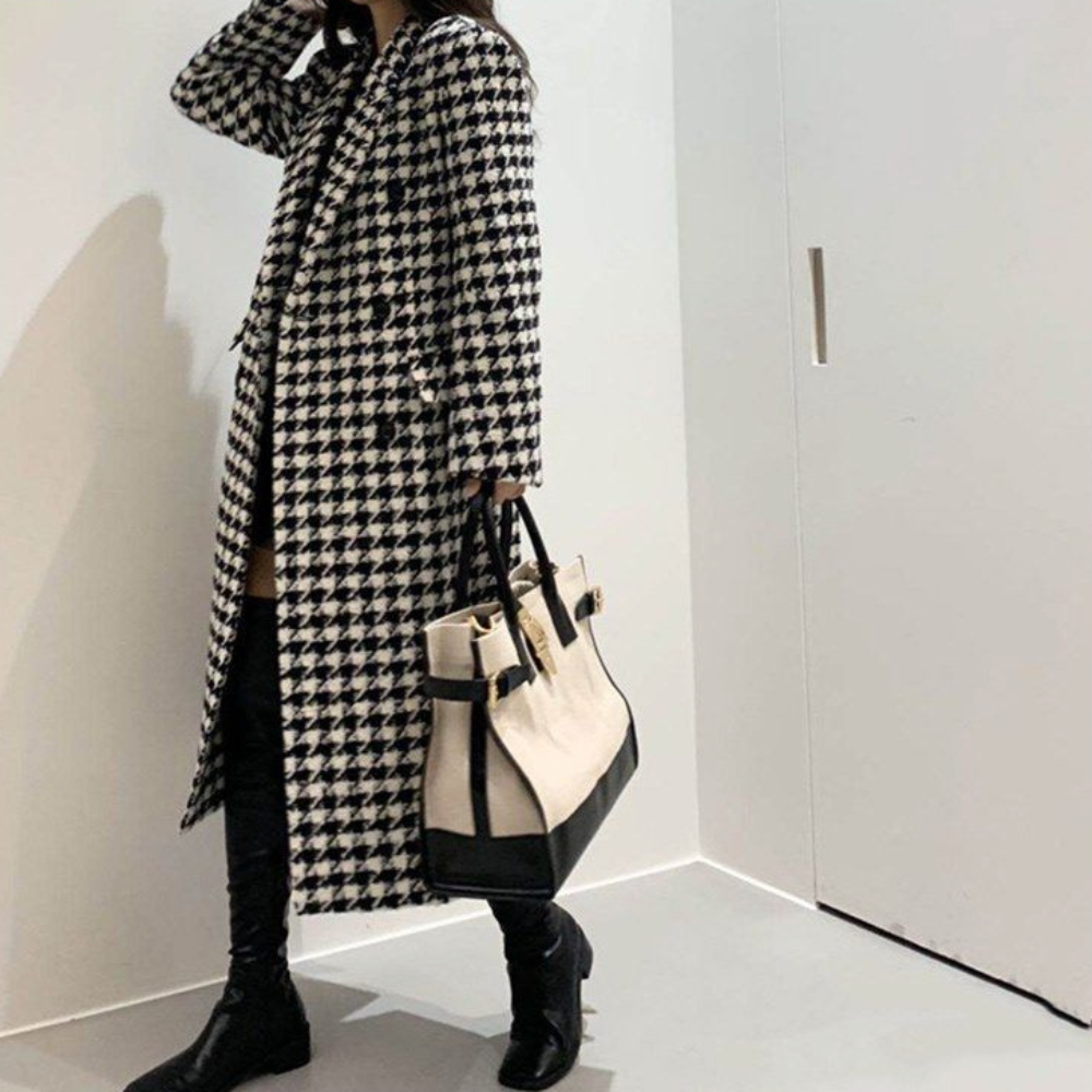 Long Coat for Women with Houndstooth Design