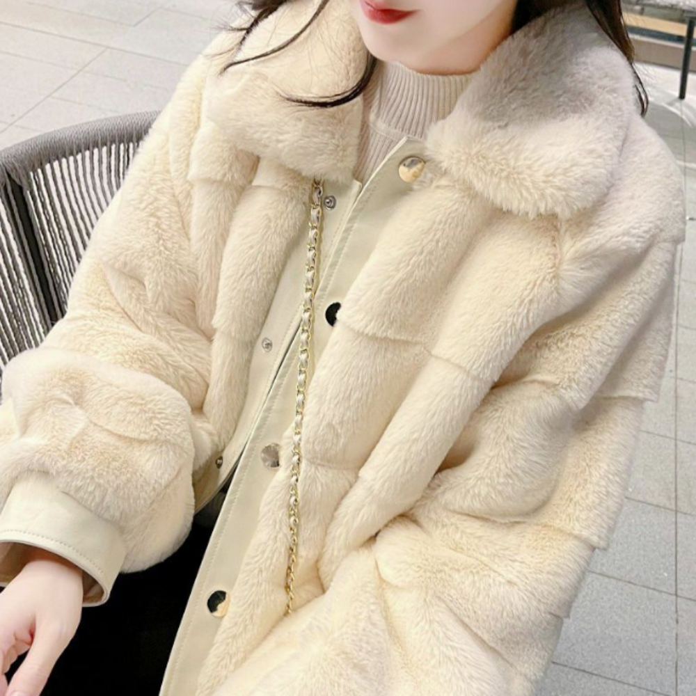 Faux Fur Jacket for Women with Trimmed Cuffs in Vegan Leather