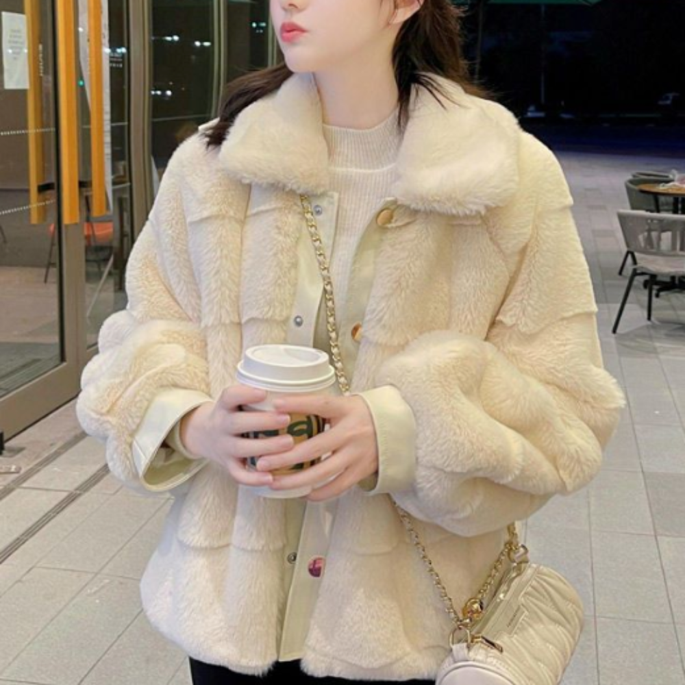 Faux Fur Jacket for Women with Trimmed Cuffs in Vegan Leather