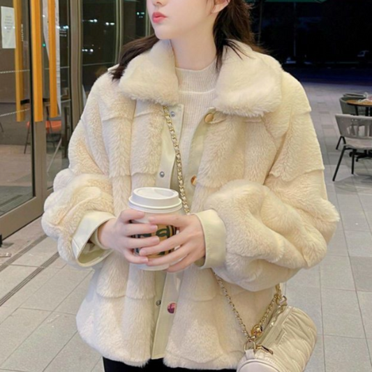 Faux Fur Jacket for Women with Trimmed Cuffs in Vegan Leather
