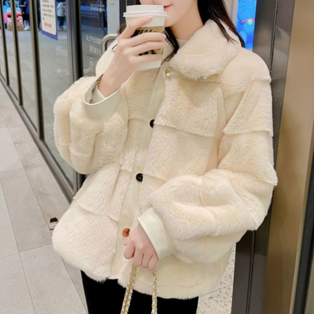 Faux Fur Jacket for Women with Trimmed Cuffs in Vegan Leather