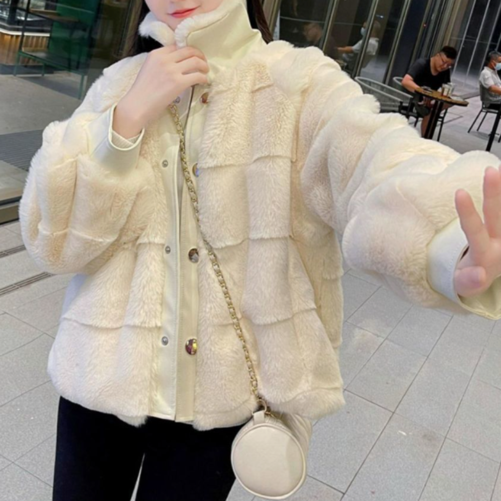 Faux Fur Jacket for Women with Trimmed Cuffs in Vegan Leather