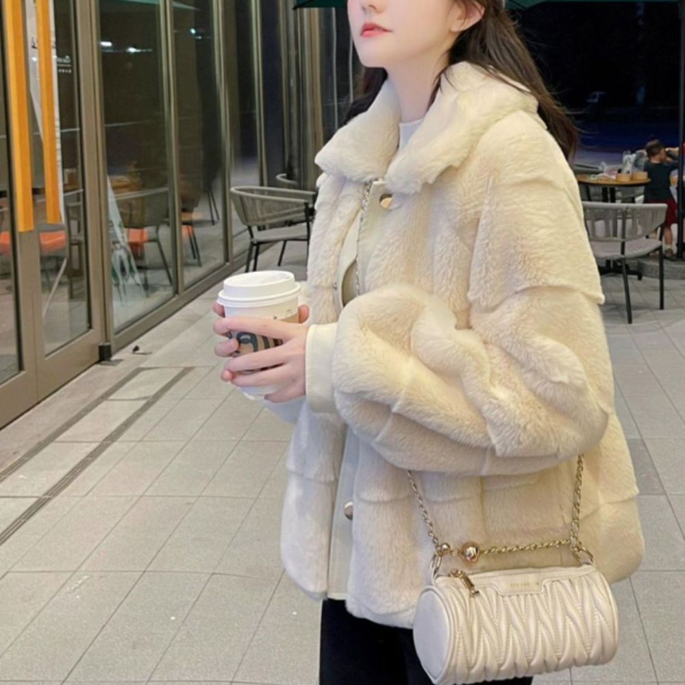 Faux Fur Jacket for Women with Trimmed Cuffs in Vegan Leather