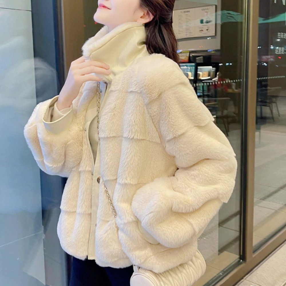Faux Fur Jacket for Women with Trimmed Cuffs in Vegan Leather