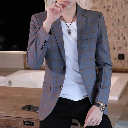 Plaid Single Button Men's Blazer: muted blue-gray, brown blazer jacket, smart casual style