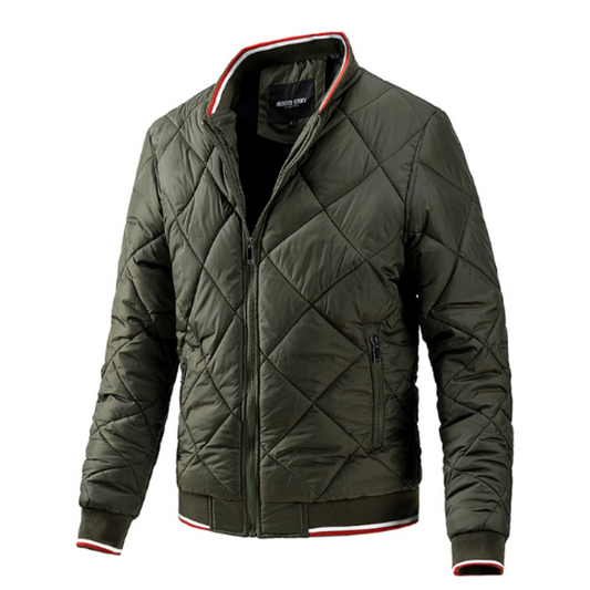 Quilted Jacket for Men, A Stylish Bomber: dark olive green, black quilted zip-up jacket, casual bomber-style outerwear style