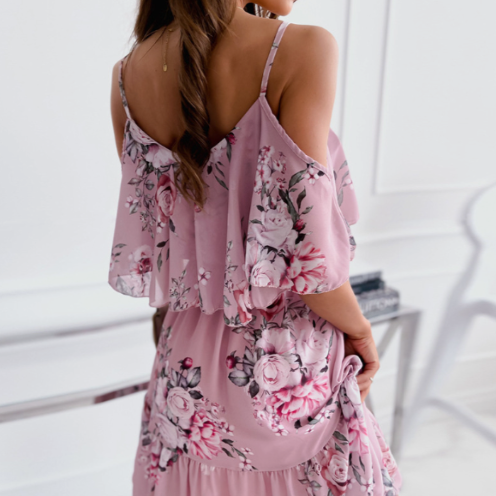 Chiffon Beach Dress with Ruffled Cold Shoulder for Women