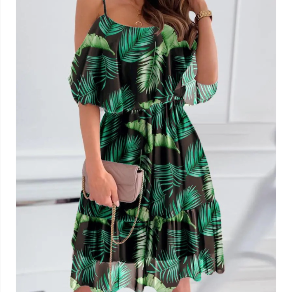 Chiffon Beach Dress with Ruffled Cold Shoulder for Women