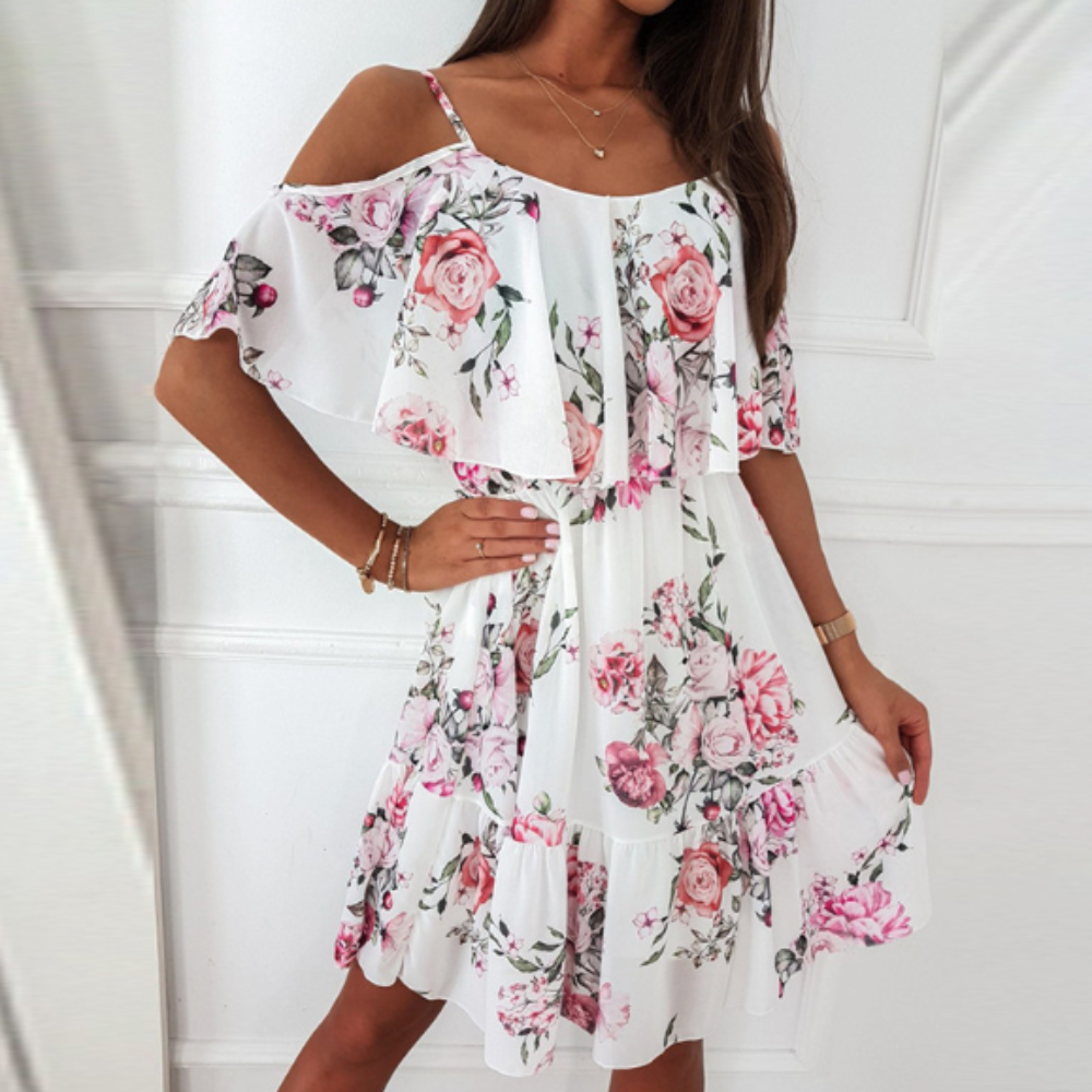 Chiffon Beach Dress with Ruffled Cold Shoulder for Women