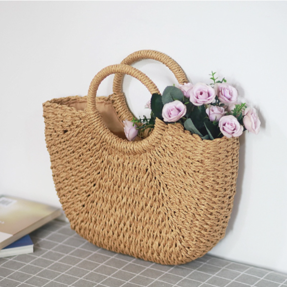 Summer Top Handle Circular Straw Bag