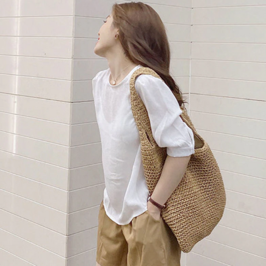Boho Beach Shoulder Tote - Embrace the Carefree Vibes of Summer: natural tan, beige shoulder tote bag, minimal casual handmad
