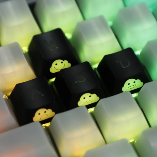 Thunder Cartoon Theme Keycap Set of 8 with Durable Wear Resistance: black, translucent white cartoon frog characters, kawaii