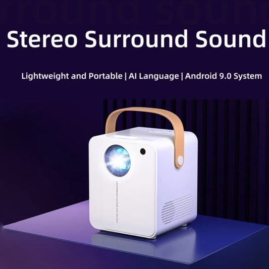 Portable Mini Projector for a Home Cinema Experience: white, beige/tan portable projector, minimal modern style