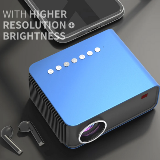 Compact Home Cinema Projector with Full HD 1080P Resolution: blue, black portable projector, modern minimal tech style