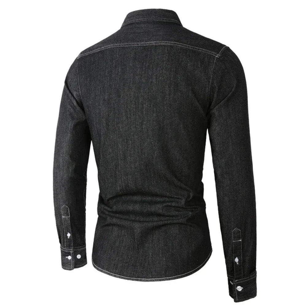 Long Sleeve Denim Shirt with Single Pocket for Men