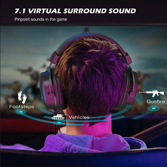 Dragon 9 Enhanced Gaming Headphones with Immersive 7.1 Surround Sound: black, dark gray person wearing over-ear gaming headph